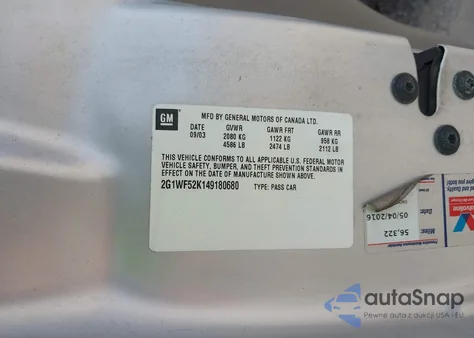 2004 Chevrolet Impala из США, поврежденный, VIN 2G1WF52K149180680